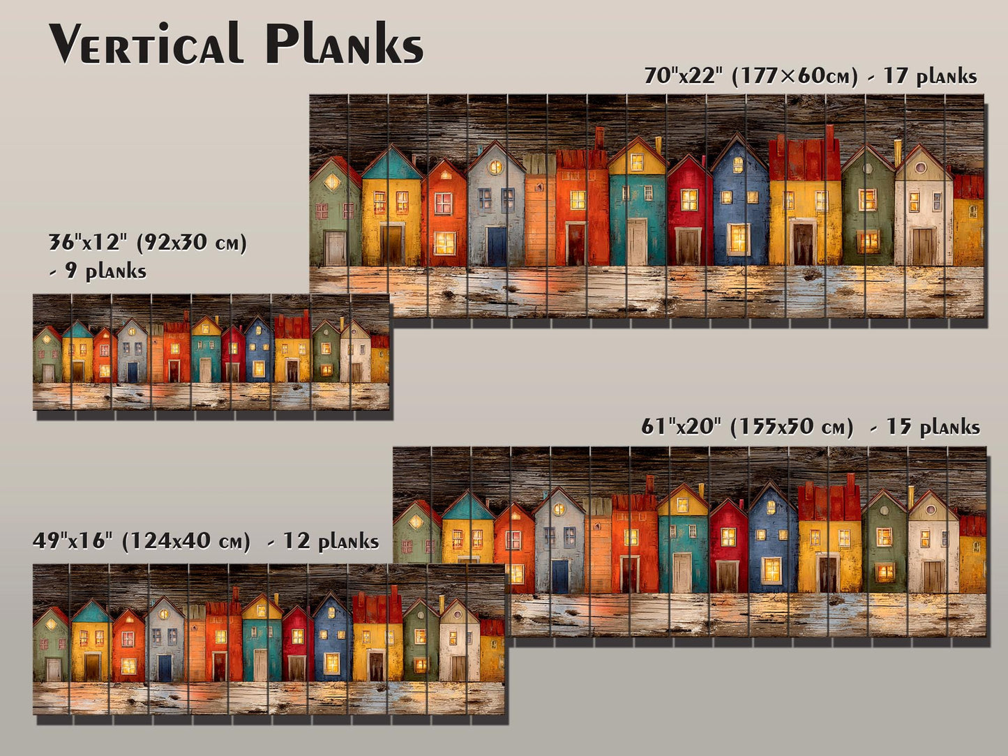 Wood Wall Art – Colorful Houses Print on Natural Wood with Glowing Windows