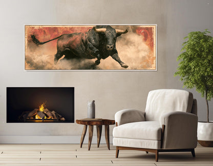 Rodeo Bull Canvas Print, Charging Bull Panorama, Large Western Wall Art, Framed and Ready to Hang