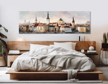 Vintage Tallinn Old Town Canvas Print, Retro Estonia Painting, Framed and Ready to Hang