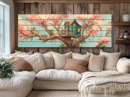 Wood Wall Art – Whimsical Treehouse Painting on Natural Wood Print | Rustic Cabin Decor