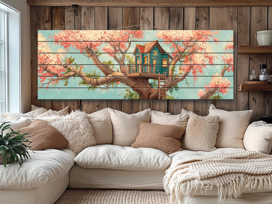 Wood Wall Art – Whimsical Treehouse Painting on Natural Wood Print | Rustic Cabin Decor