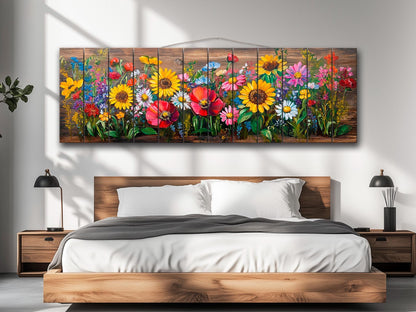 Wood Wall Art – Rustic Floral Wall Art with Daisy Sunflower Poppy Summer Print