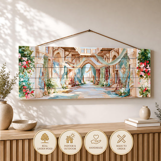 a wooden wall hanging with a painting of an arched hallway with flowers and greenery, accompanied by four circular labels describing the image as "Real Linden Wood", "Indoor & Outdoor", "Handmade", and "Made to Order".