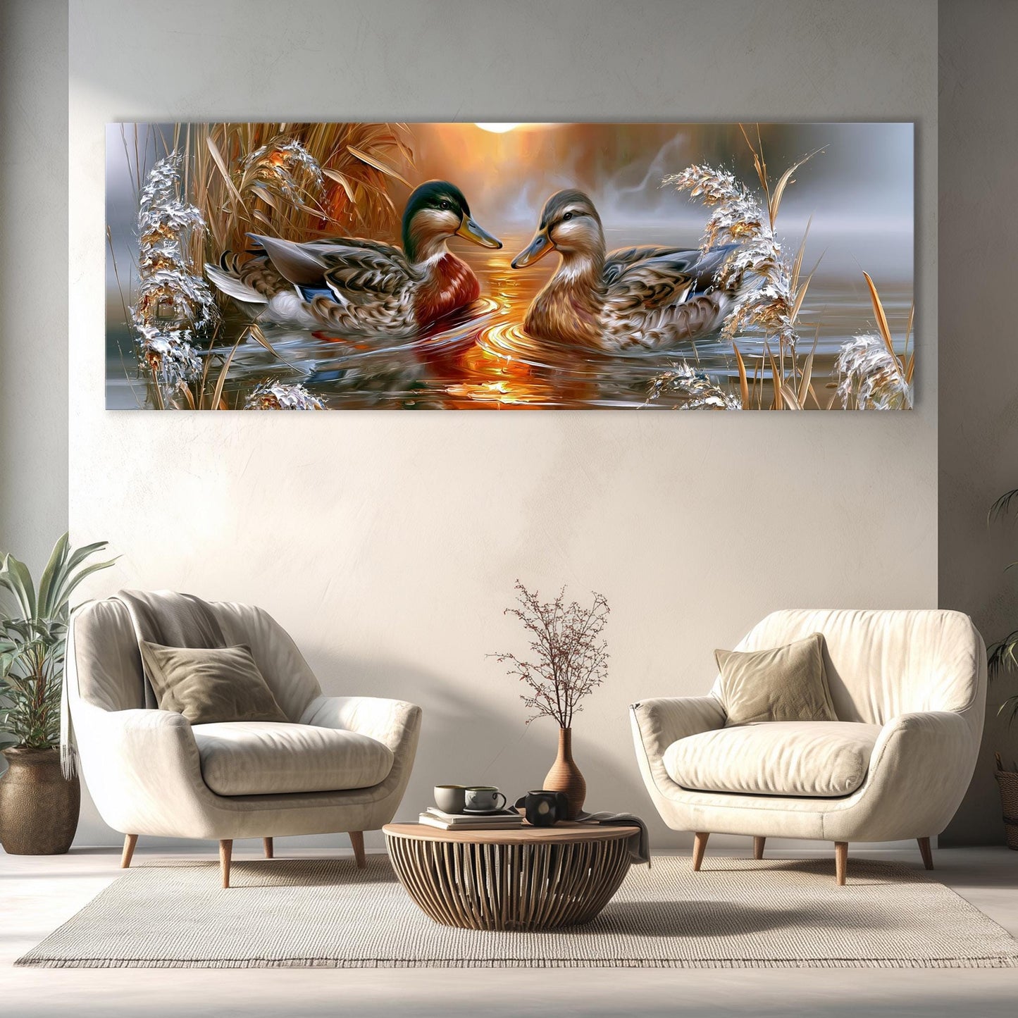 a large painting of two ducks swimming in a pond, with a warm sunset in the background. The painting is displayed on a wall above a living room setting with two white armchairs and a coffee table.