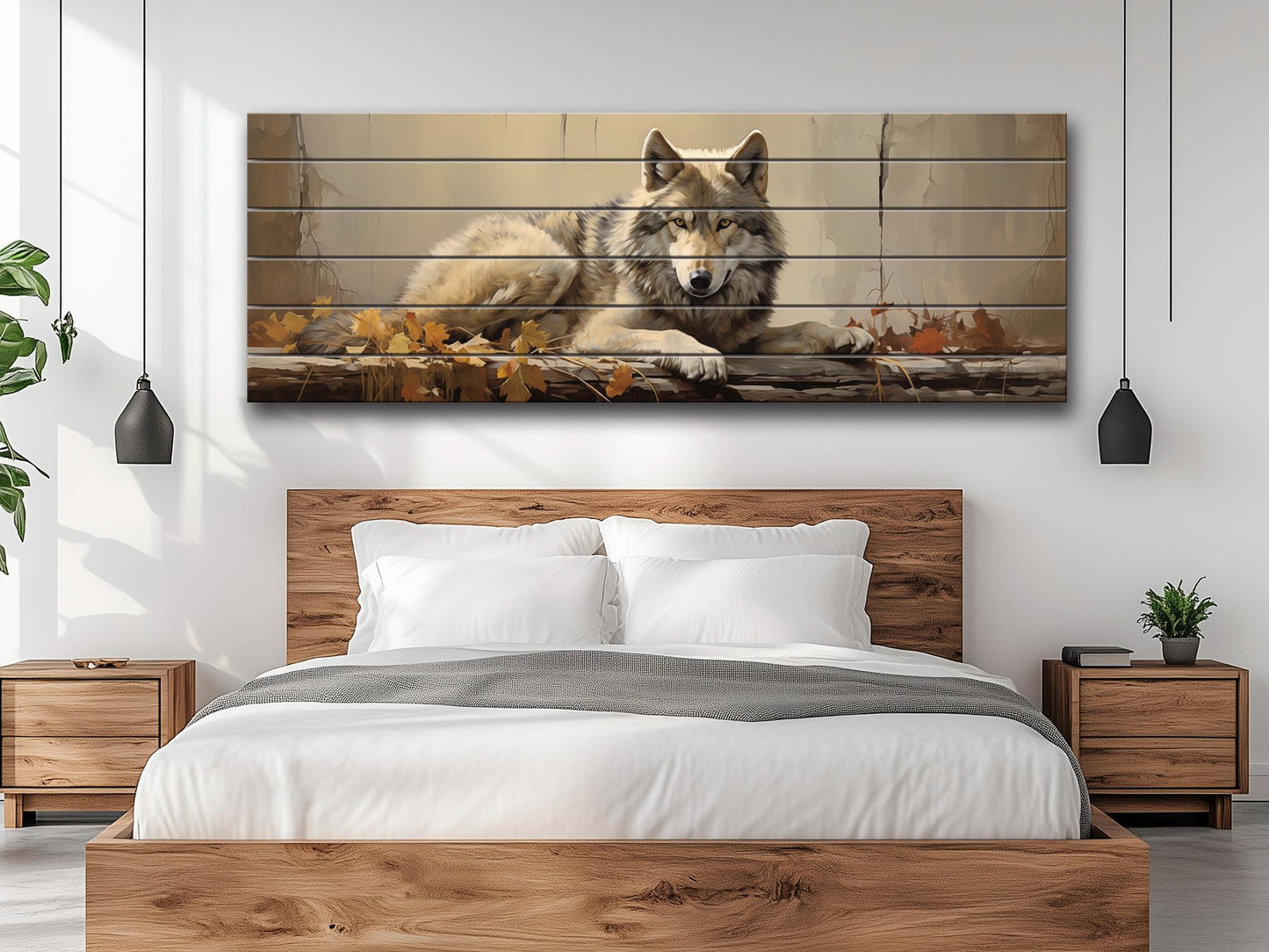 Wolf Wood Wall Art – Rustic Wildlife Decor | Autumn Forest Print on Natural Wood