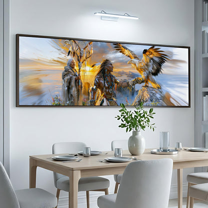 a large, colorful painting of Native American figures on a wall above a dining table with white chairs.