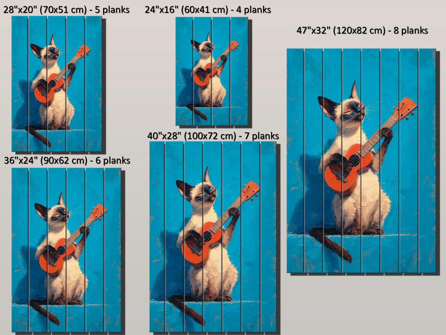 Siamese Cat Wall Art – Wood Wall Art Print of Guitar Playing Cat on Natural Wood