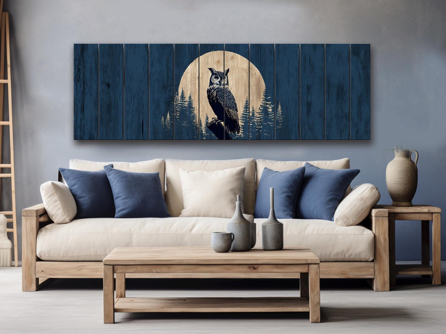 Owl Silhouette in Moonlit Forest Print on Wood, Rustic Woodland Wall Art
