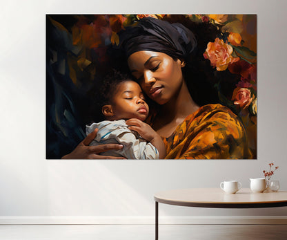 African Woman Canvas Print – Framed Black Woman Wall Art | Maternal Love Artwork