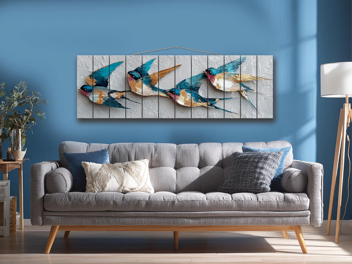 Flying Swallows Print on Natural Wood, Rustic Spring Wall Art