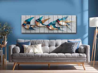 Flying Swallows Print on Natural Wood, Rustic Spring Wall Art