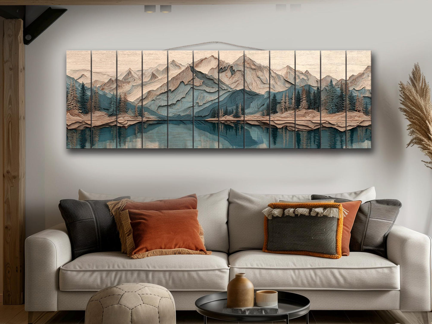 Panoramic Mountain Wood Art – Rustic Wood Decor With Layered Peaks Painting