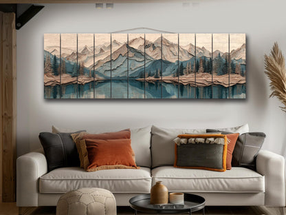 Panoramic Mountain Wood Art – Rustic Wood Decor With Layered Peaks Painting