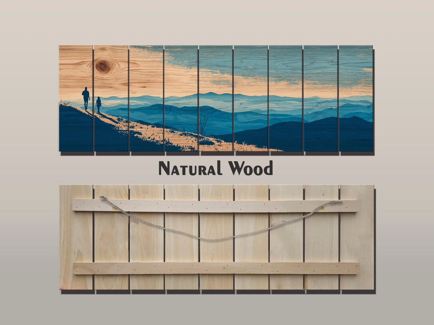 Mountain Ridge Hiking Print – Rustic Cabin Wall Art on Natural Wood Panels