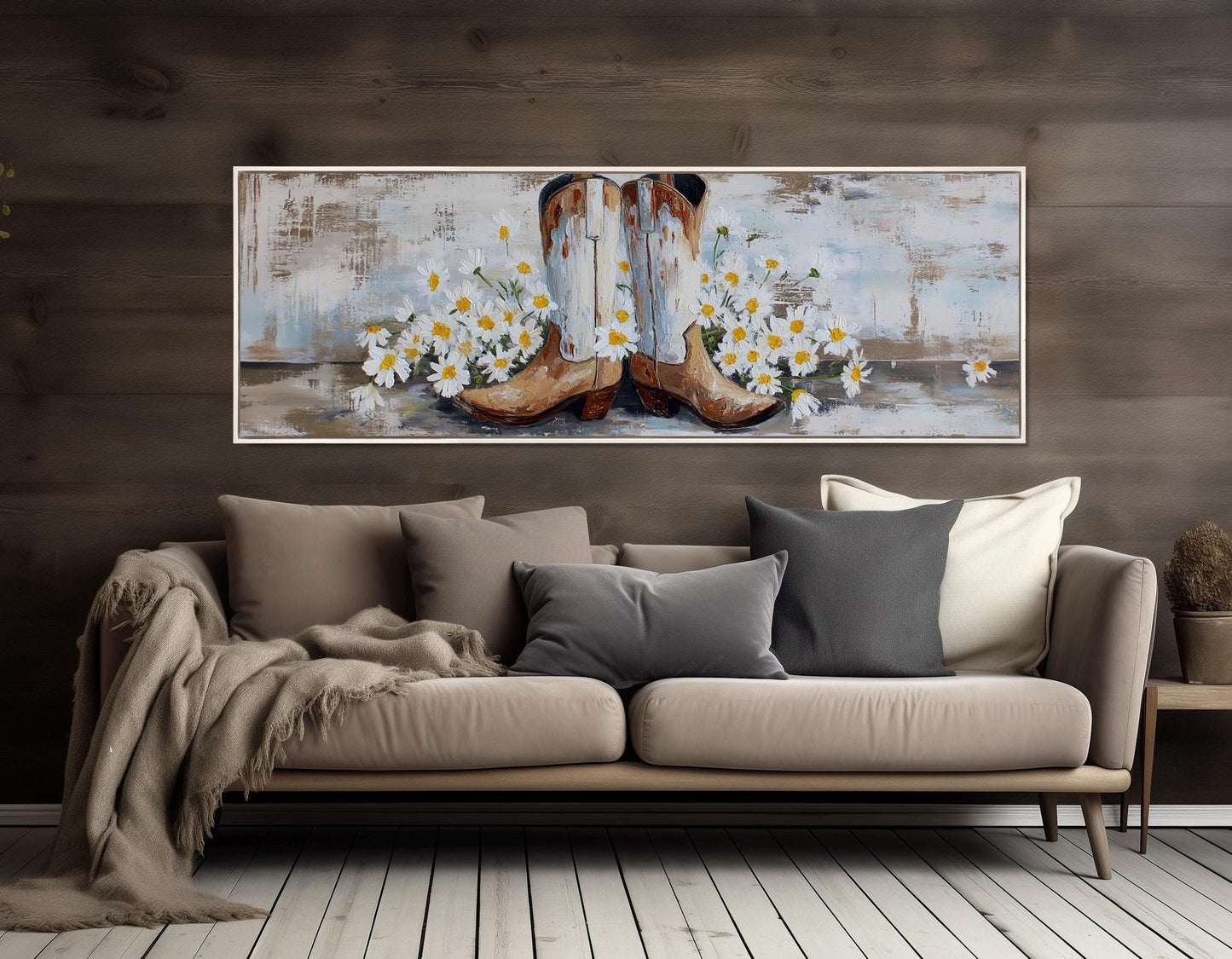 Cowboy Boots Canvas Print – Rustic Western Wall Art with Daisies, Framed & Ready to Hang