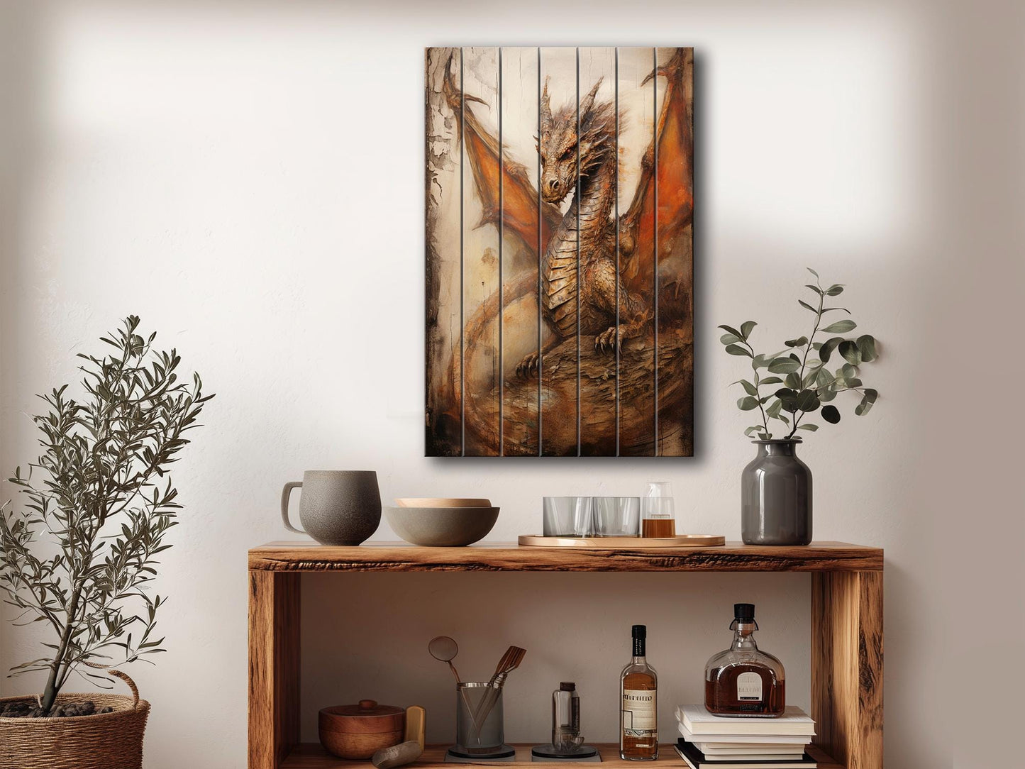 Rustic Dragon Painting – Handmade Wood Wall Art | UV Printed Natural Panel
