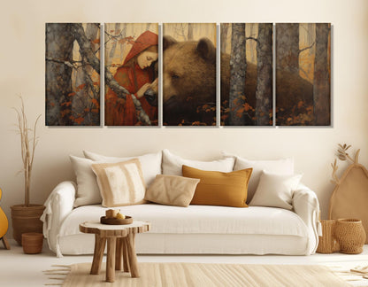 Woman and Bear Painting – Fantasy Wall Art | Framed Canvas Print Ready to Hang