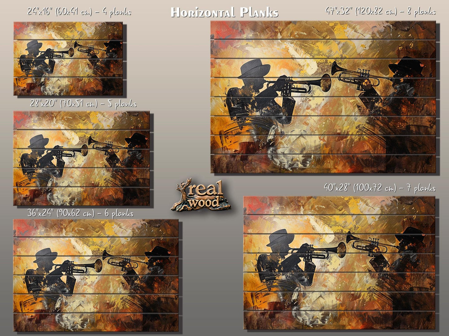 Rustic Wood Wall Art – Abstract Trumpet Painting on Wood | Jazz Music Decor