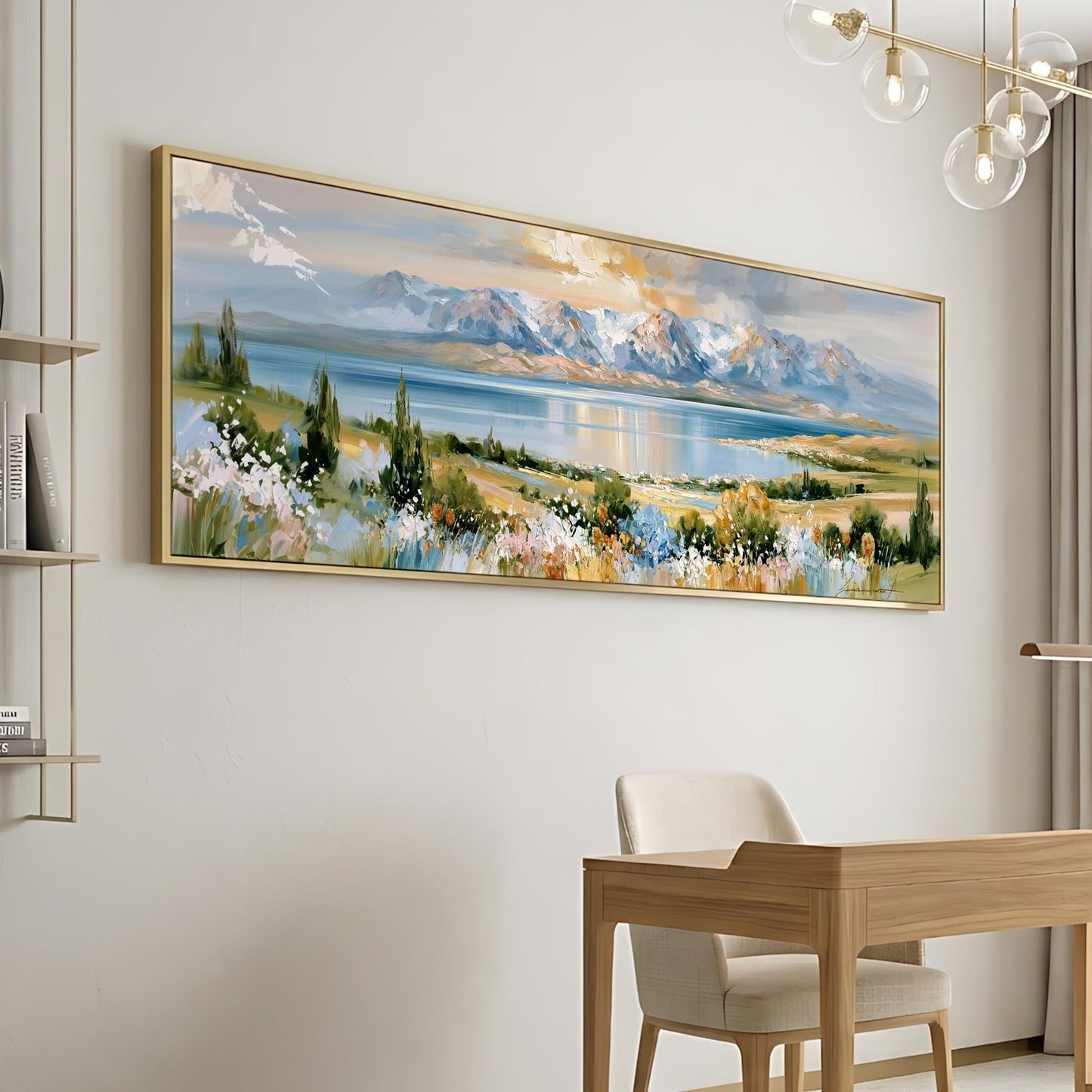 a large landscape painting hanging on a wall, depicting a serene mountain scene with a lake and colorful flowers.