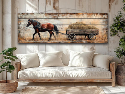 Rustic Wood Wall Art - Brown Horse Pulling Wooden Cart with Hay Printed on Natural Wood, Farm Horse Painting, Cabin Wall Decor