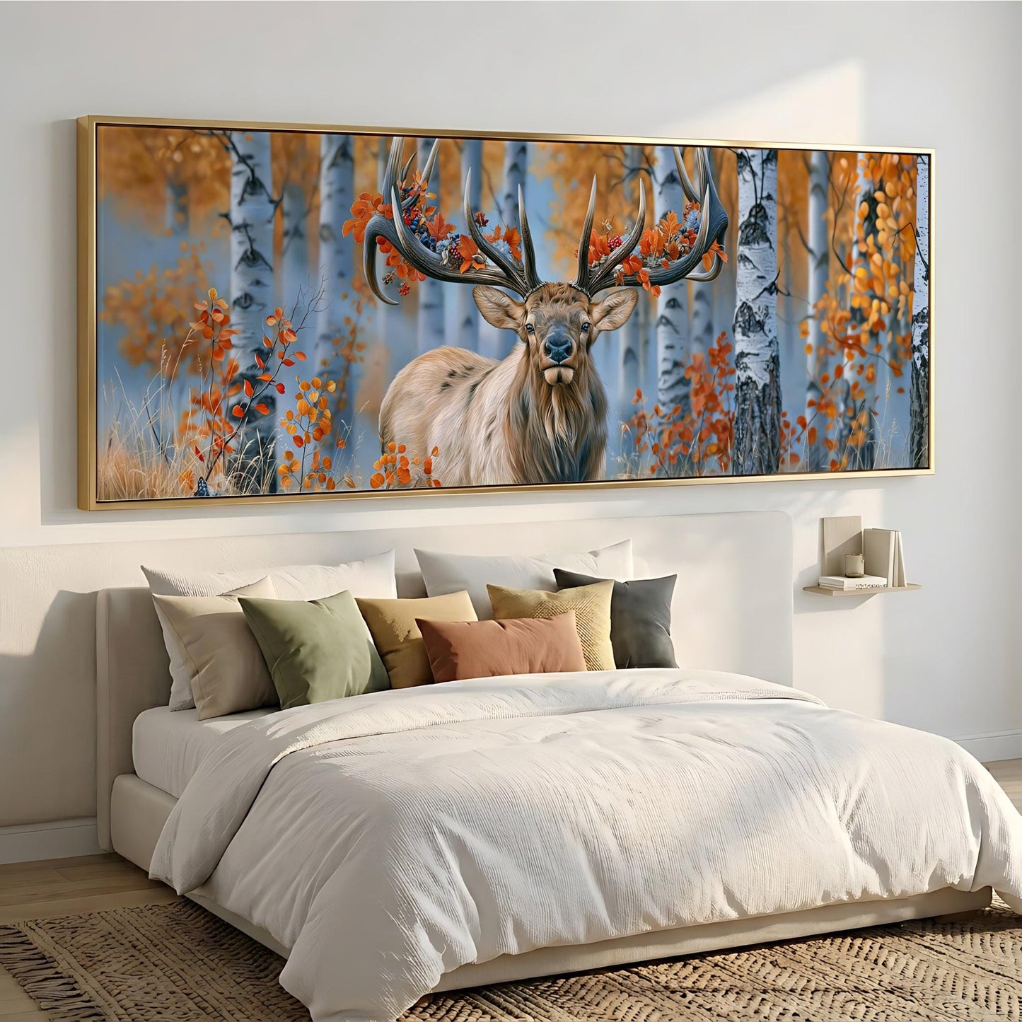 a large painting of a deer with antlers, displayed on a wall above a bed with white bedding.