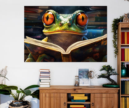 Frog Reading Book Abstract Painting Canvas Print, Kids Room Decor, Nursery Wall Art, Framed and Ready to Hang