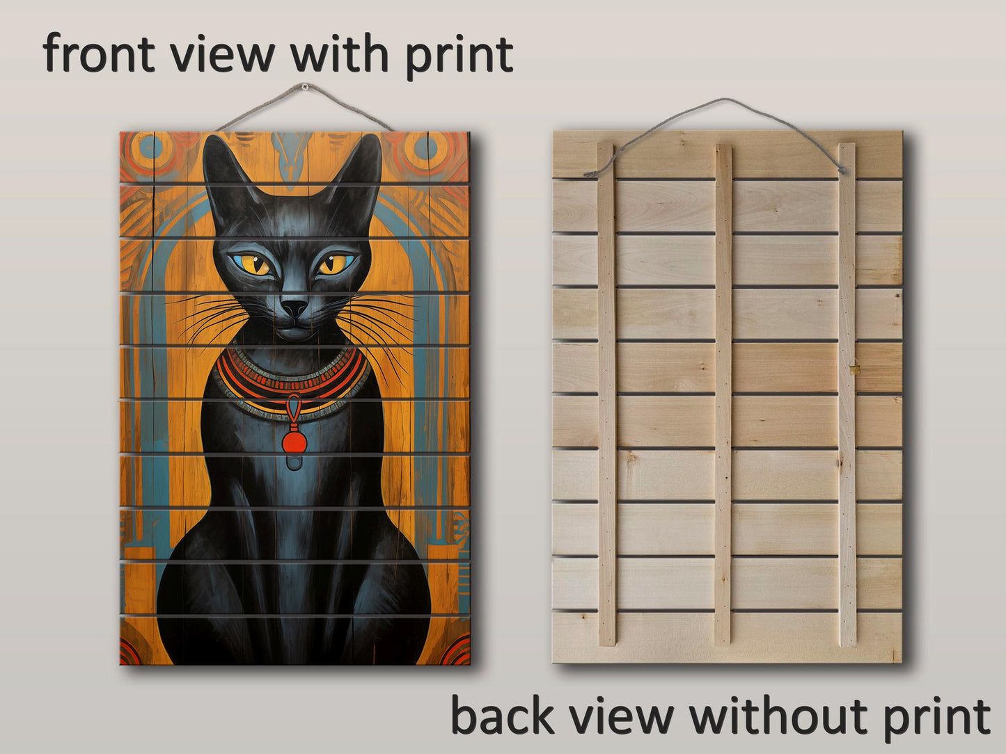 Black Cat Wall Art – Abstract Cat Print on Natural Wood Plank | Egyptian Style Decor
