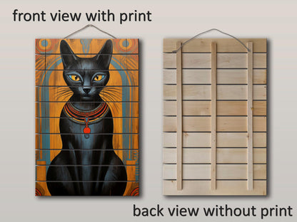 Black Cat Wall Art – Abstract Cat Print on Natural Wood Plank | Egyptian Style Decor