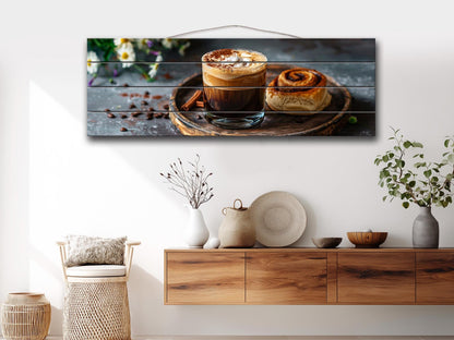 Rustic Kitchen Wall Art – Coffee Cinnamon Print on Natural Wood Plank Decor