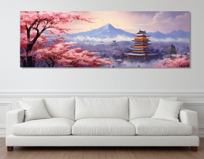 Fuji Mountain Canvas Print - Panoramic Sakura Blossom Japanese Wall Art, Ready to Hang