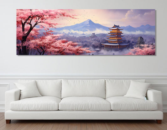 Fuji Mountain Canvas Print - Panoramic Sakura Blossom Japanese Wall Art, Ready to Hang