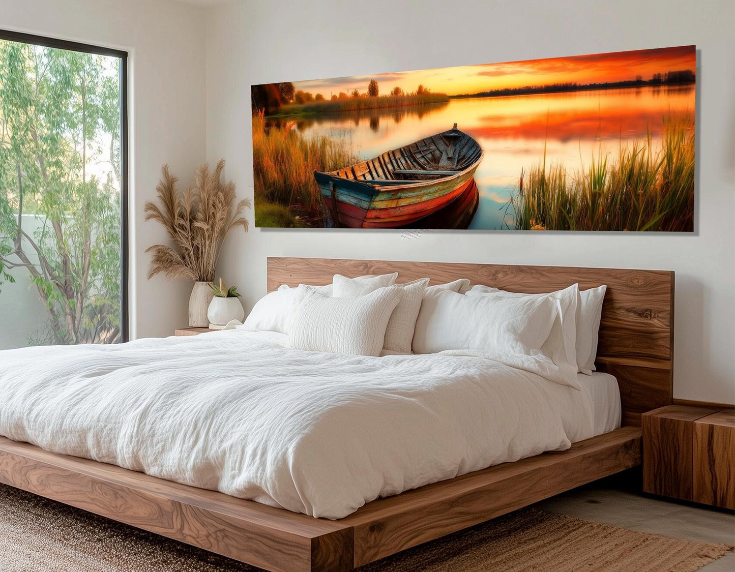 Wooden Boat Canvas Print – Scenic Sunset Lake Painting | Framed & Ready to Hang