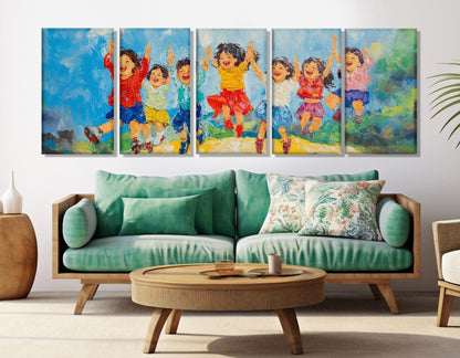 Kids Canvas Wall Art – Joyful Colorful Kids Painting, Framed Canvas Print Ready to Hang