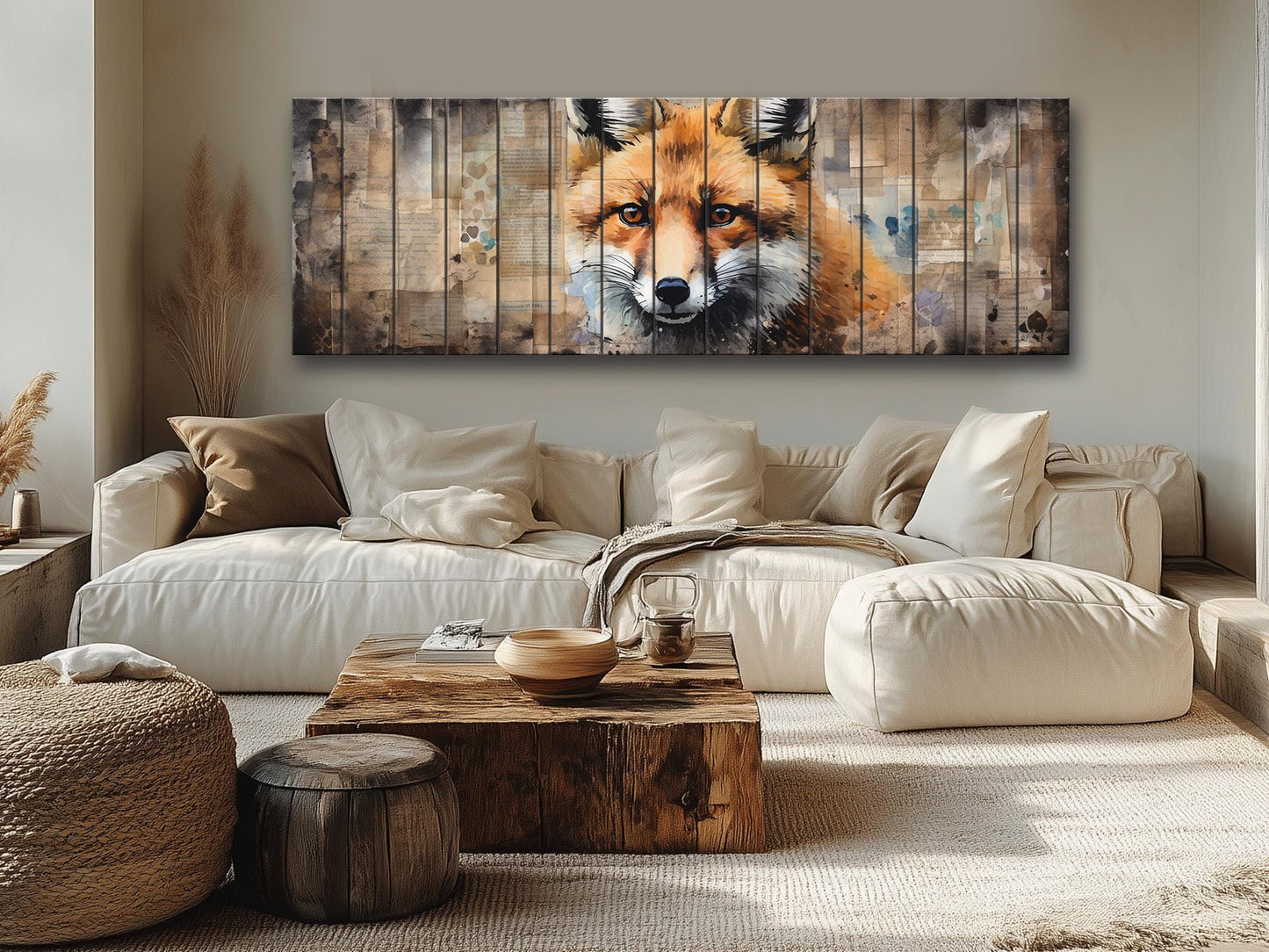 Fox Print Wood - Rustic Wood Art | Woodland Wall Decor With Beige Forest Painting