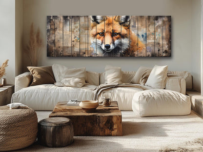 Fox Print Wood - Rustic Wood Art | Woodland Wall Decor With Beige Forest Painting