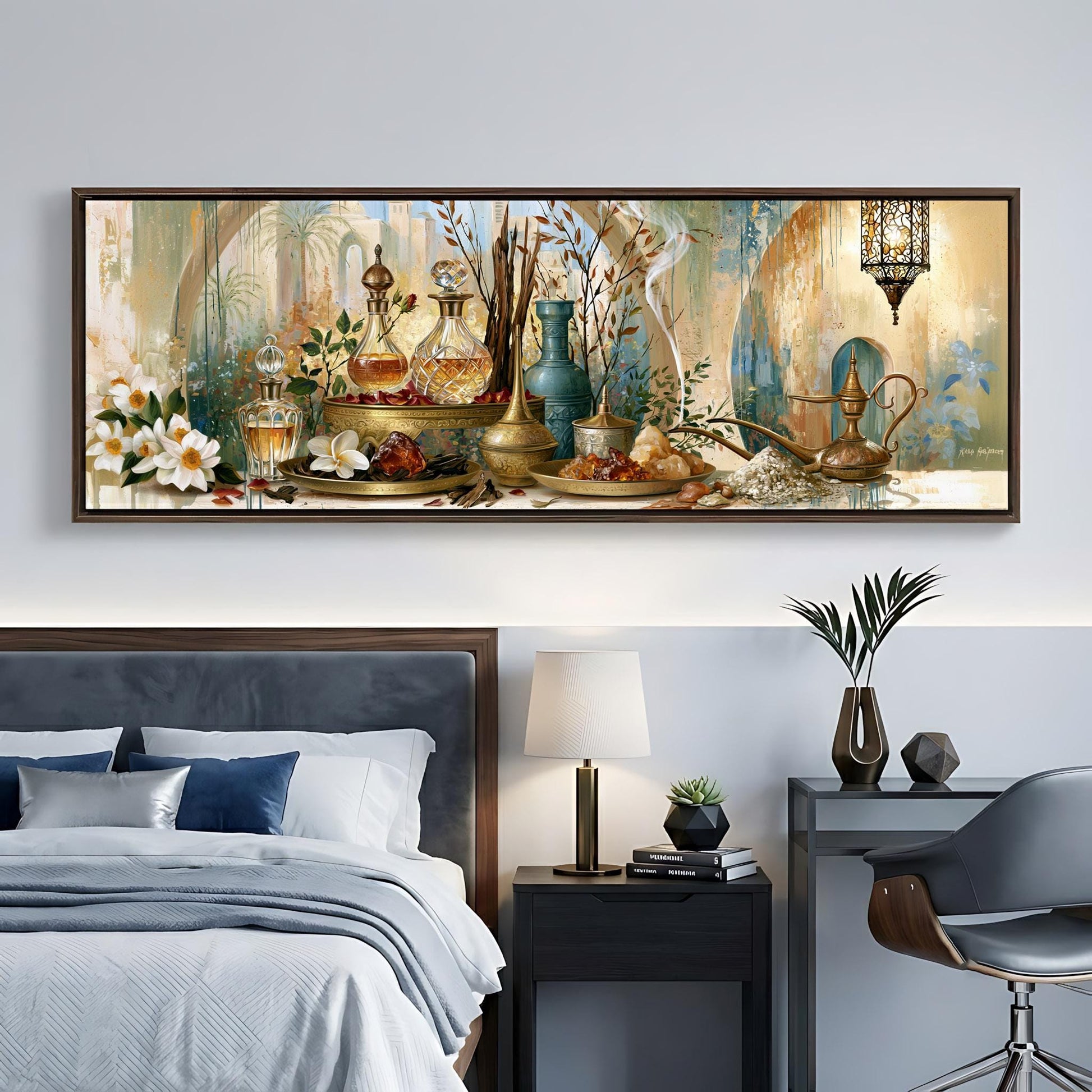 a large, ornate painting of a table set with various objects, including vases, bottles, and other decorative items, hanging on a wall above a bed.