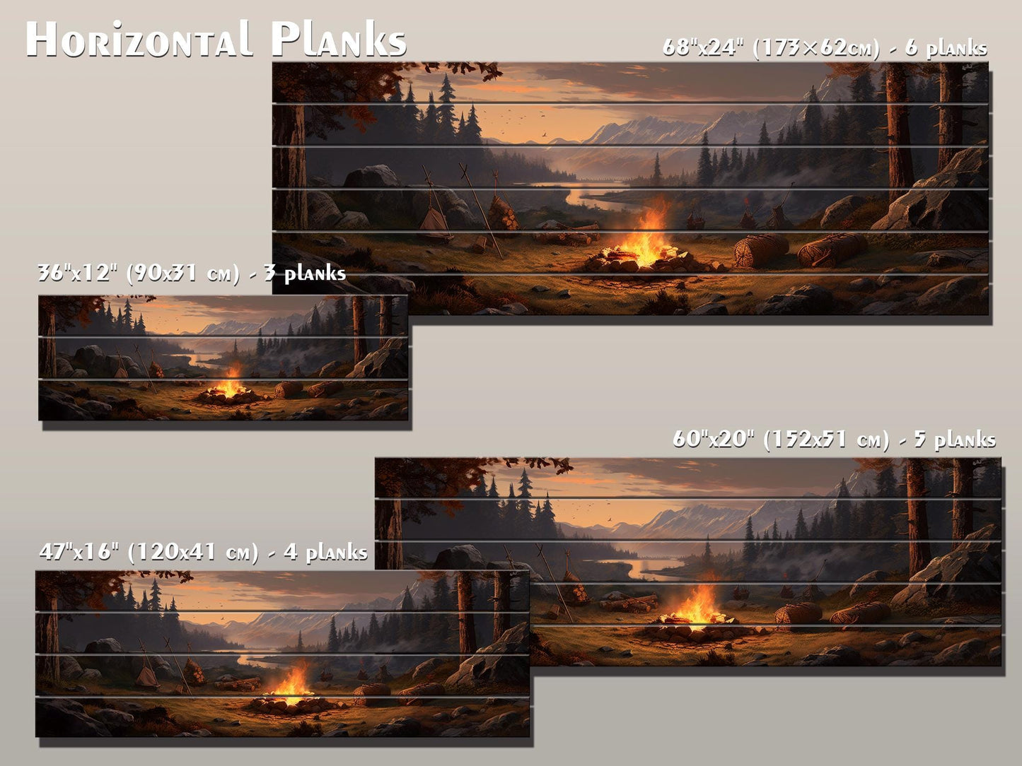 Rustic Wood Wall Art – Bonfire Forest Print on Natural Wood Plank Art