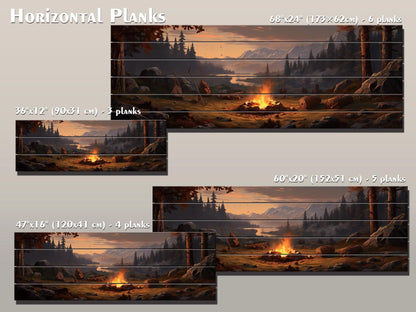 Rustic Wood Wall Art – Bonfire Forest Print on Natural Wood Plank Art