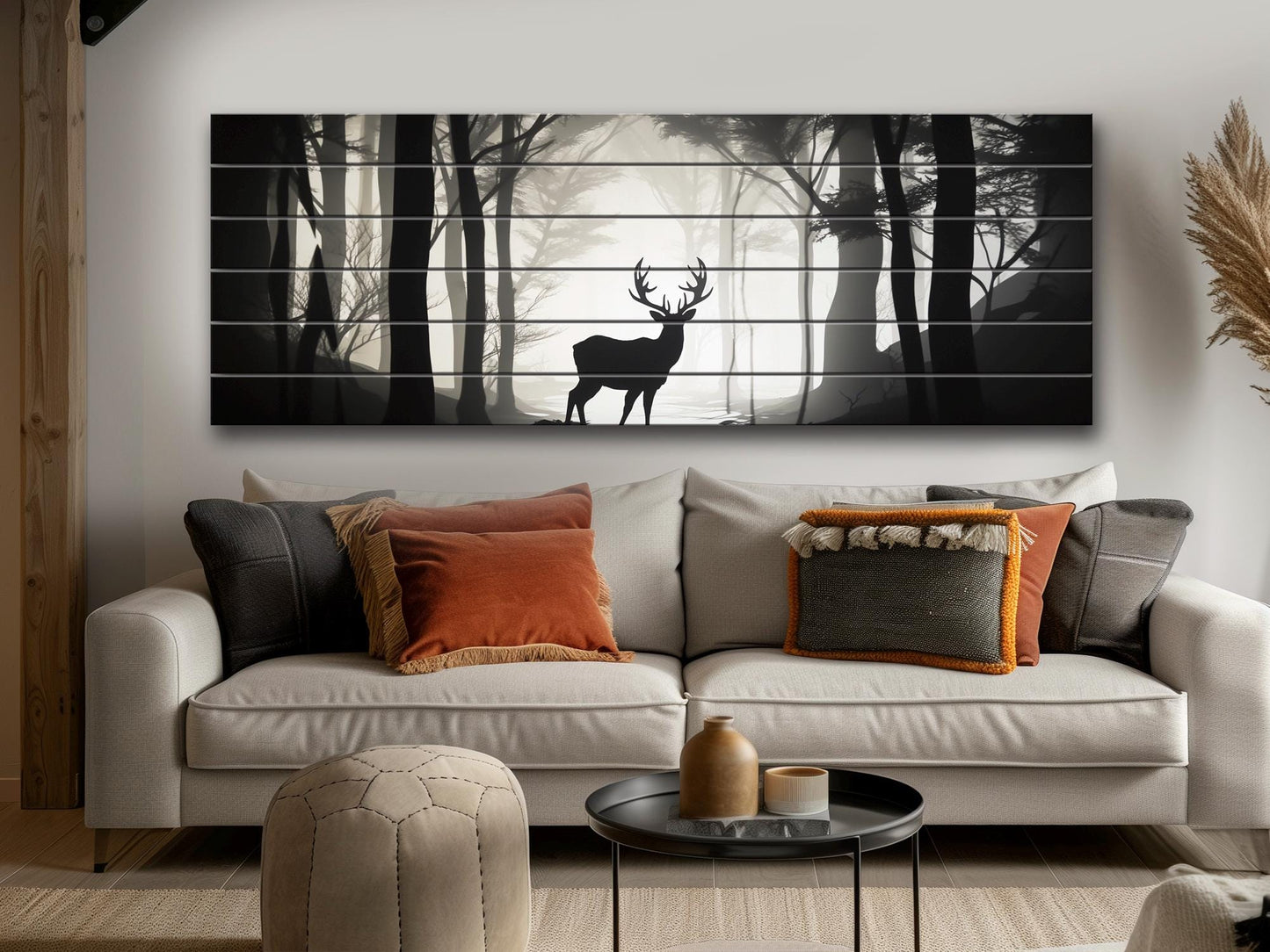 Deer Silhouette in Forest Print On Natural Wood, Woodland Wall Art