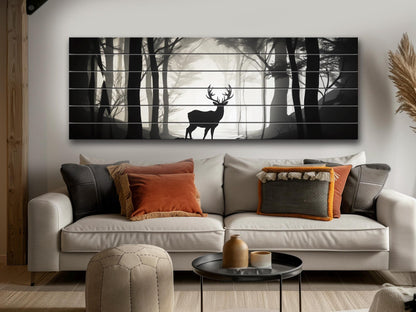 Deer Silhouette in Forest Print On Natural Wood, Woodland Wall Art
