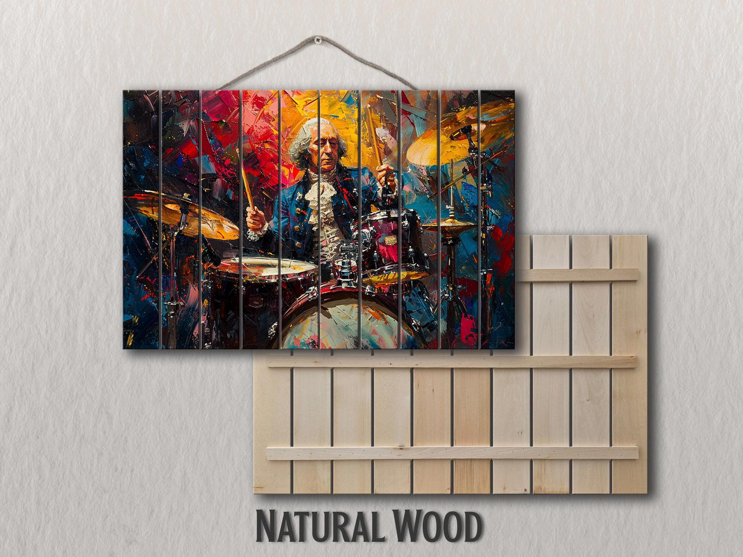 George Washington Playing Drums Abstract Painting Printed on Wood, Politician Gift, Drums Wall Art, Drummer Gift, Wood Print, Wood Wall Art