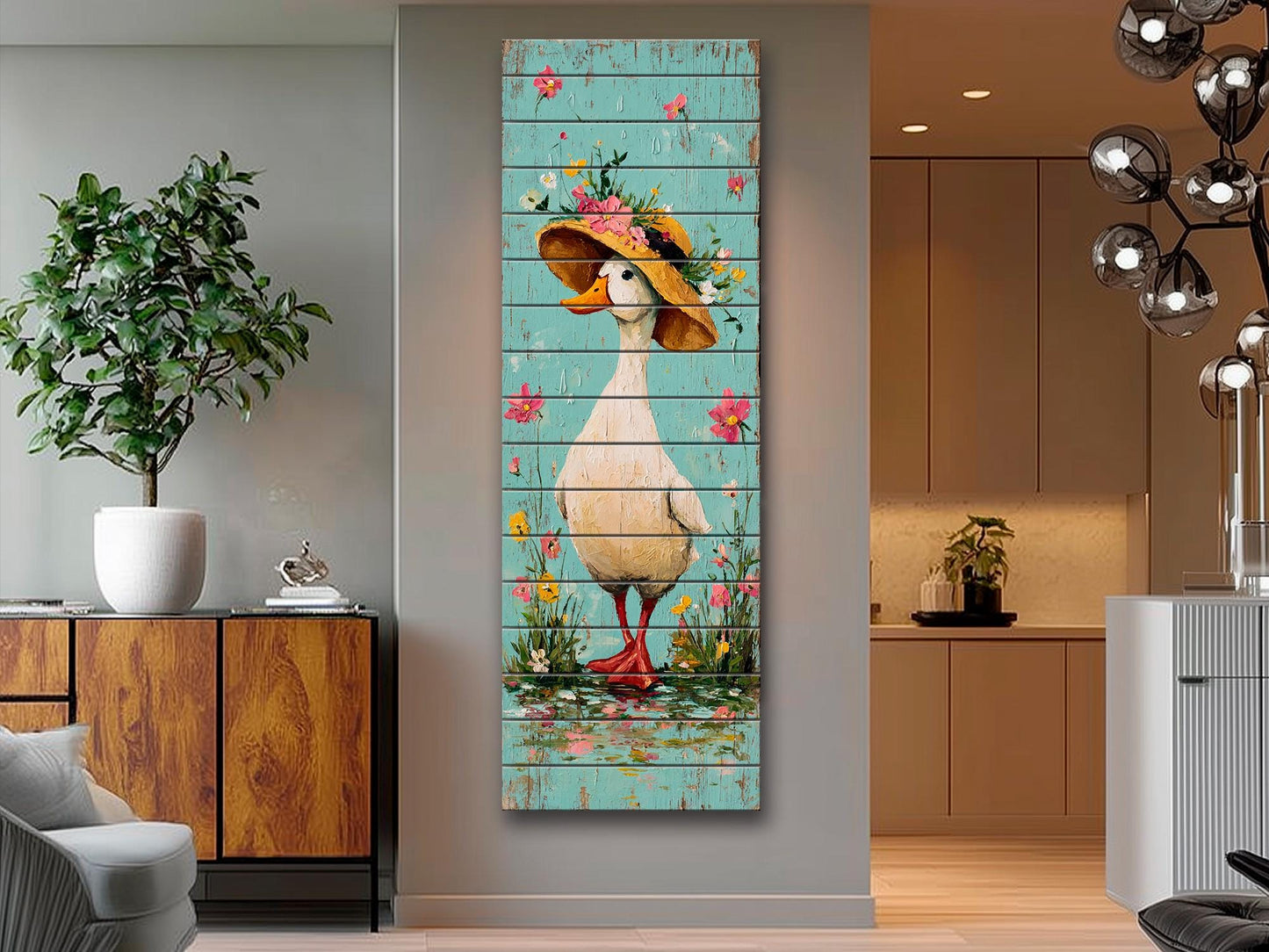 Rustic Wood Wall Art – Country Duck in Hat Printed on Wood – Rustic Spring Wall Art – Farmhouse Animal Decor