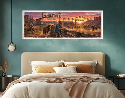 Rodeo Canvas Print, Panoramic Cowboy Arena Painting, Large Western Wall Art, Framed and Ready to Hang