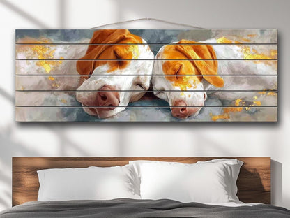 Sleeping Hounds Print on Natural Wood, Romantic Bedroom Decor, Rustic Pet Wall Art