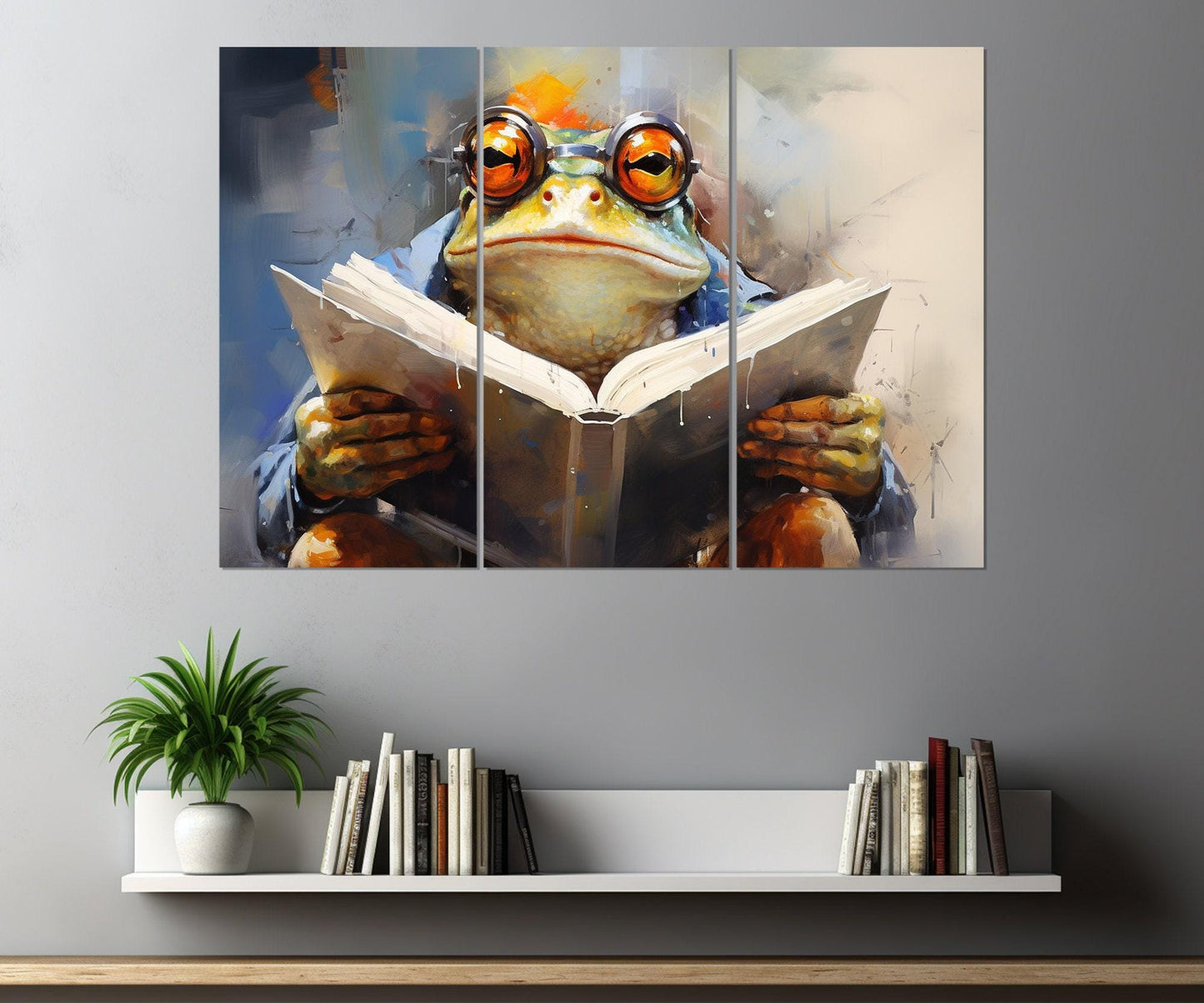 Frog in Glasses Reading Book Abstract Painting Canvas Print, Kids Room Decor, Nursery Wall Art, Framed and Ready to Hang