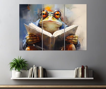 Frog in Glasses Reading Book Abstract Painting Canvas Print, Kids Room Decor, Nursery Wall Art, Framed and Ready to Hang
