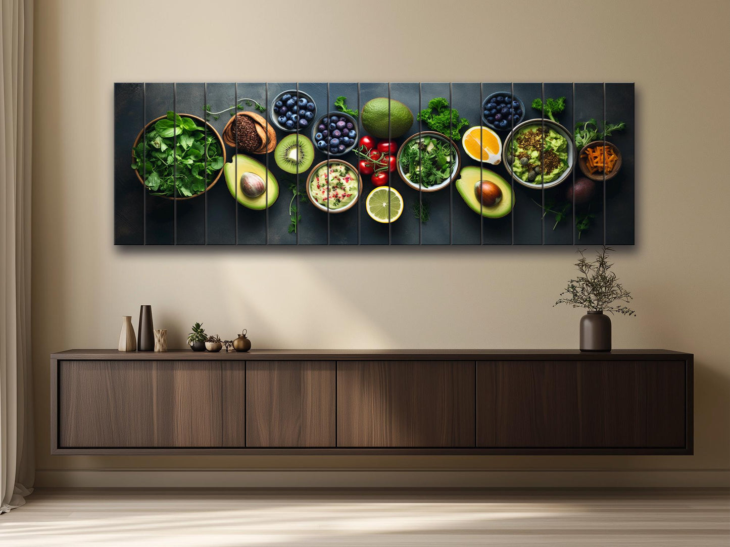 Healthy Food Wall Art – Large Natural Wood Painting | Modern Kitchen Decor