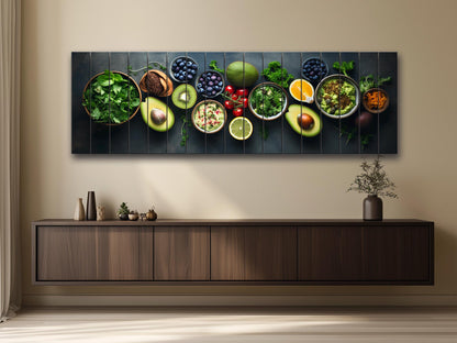 Healthy Food Wall Art – Large Natural Wood Painting | Modern Kitchen Decor