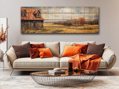 Rustic Farmhouse Wall Art – Natural Wood Artwork with Cozy Country Landscape Print