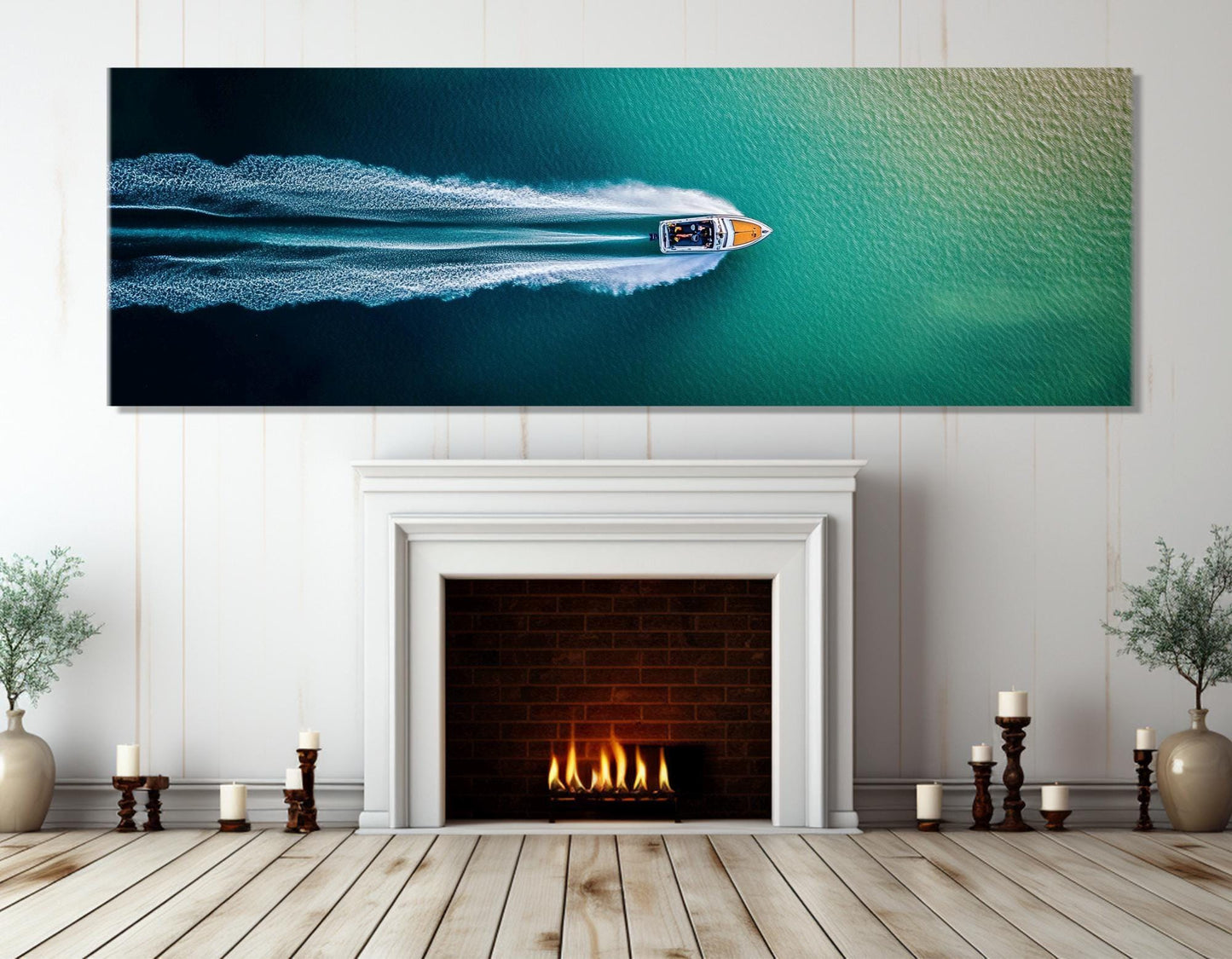 Minimalist Seascape Canvas - Framed Canvas Print | Aerial Motor Boat Artwork